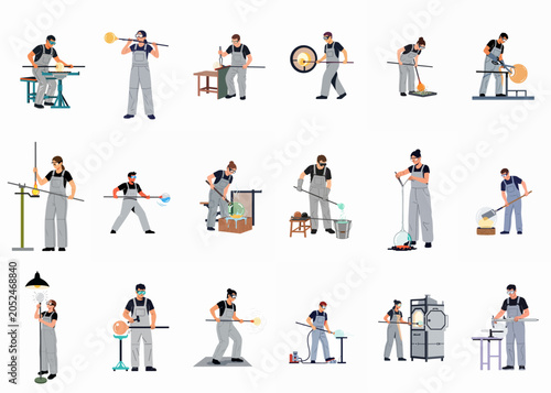 Foto Set of flat vector illustrations depicting glassblowing artisans working with molten glass using various tools and techniques in a professional studio workshop