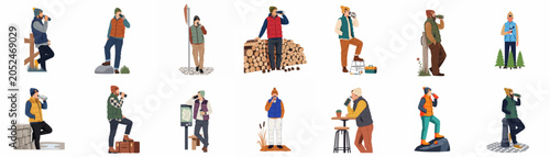 Vector illustrations of men in winter and outdoor apparel drinking beverages, featuring various poses and activities such as hiking, camping, and urban exploration.