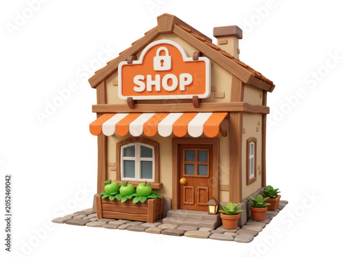 A 3d illustration of a small shop with a lock on the sign isolated on transparent background