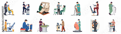 Photos Set of flat vector illustrations showing various professionals in protective gear performing maintenance, cleaning, and sanitization tasks on specialized equipment