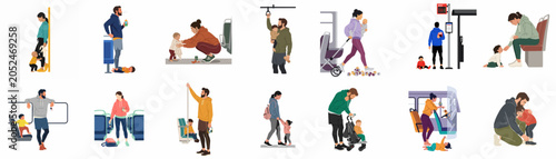 Collection of flat vector illustrations depicting parents traveling with babies and toddlers on public transport, showing various challenges and everyday moments of parenting.