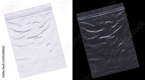 Photos Transparent plastic zip bag texture on white and black background, wrinkled poly