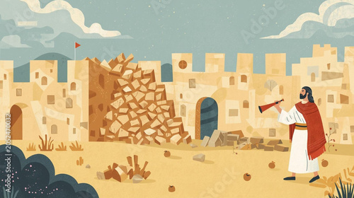 Joshua and the Fall of Jericho Walls Minimalist Biblical Illustration