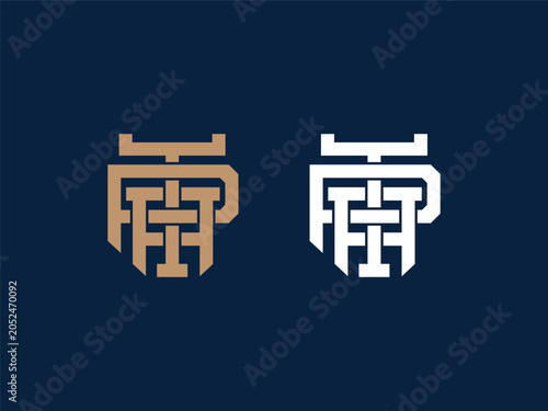 Minimalist tap monogram logo design in gold and white on dark blue background with monogram lettermark typography initials minimalist branding geometric identity corporate business alphabet