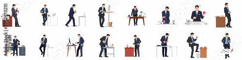 Collection of flat vector illustrations showing a businessman using colorful stress balls to cope with work pressure and frustration in various office settings.