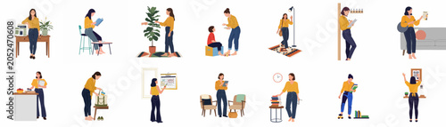 A collection of flat illustrations depicting a young woman engaged in various daily activities, hobbies, and work-related tasks at home.