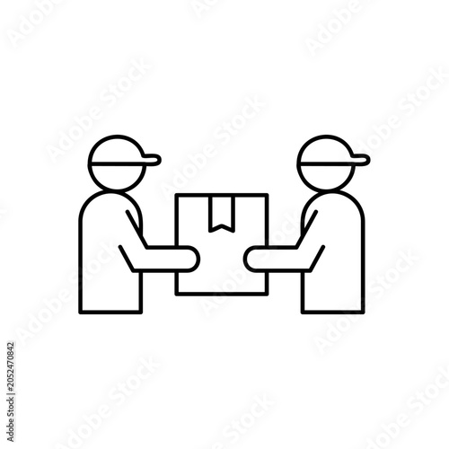 Delivery service icon with two couriers carrying a cardboard box package. Minimalist line art vector illustration of logistics, shipping, distribution, and hand-to-hand parcel transfer concept.