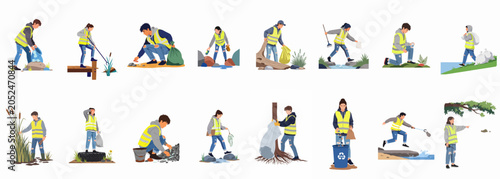 Illustrations of young volunteers in high-visibility vests cleaning up trash from various outdoor environments like rivers, forests, and parks.