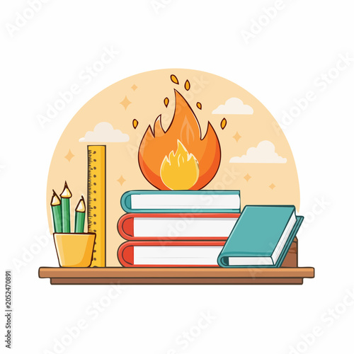 Books on Fire with School Supplies