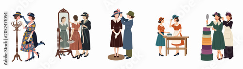 Foto Flat vector illustrations of women in a vintage fashion boutique trying on elegant hats and dresses, showcasing mid-century style and shop assistants