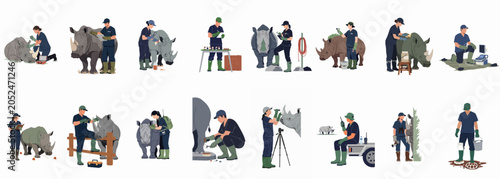 Obraz na płótnie Set of wildlife veterinarians and rangers caring for rhinoceroses, performing medical checkups and monitoring endangered animals in their natural habitat