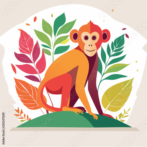 Stylized Monkey Sitting Among Colorful Leaves