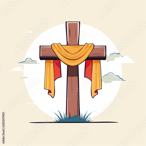 Wooden Cross with Draped Cloth and Clouds