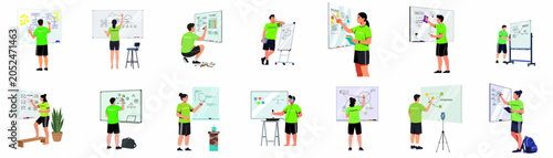 Vector Illustration Set of Professionals Brainstorming and Planning on Whiteboards During a Hackathon for Software Development Projects