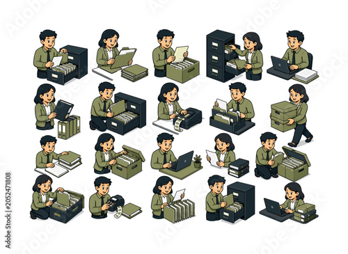 Folder Directory Files collection of digital illustrations NOT icons NOT symbols, 12?20 character-driven small scenes of people organizing folders, filing documents, opening directory cabinets,