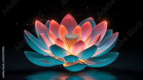 Glowing Neon Lotus Flower on Dark Background with Vibrant Fantasy Colors