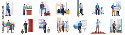 Set of flat vector illustrations of professional men in various modern business environments, highlighting career success, office life, and executive lifestyles.