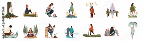 Collection of flat vector illustrations depicting women enjoying peaceful outdoor activities in nature, featuring cottagecore and hygge aesthetic themes.