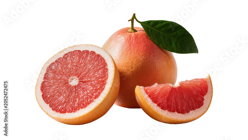 Foto Whole and sliced pink grapefruit with leaf