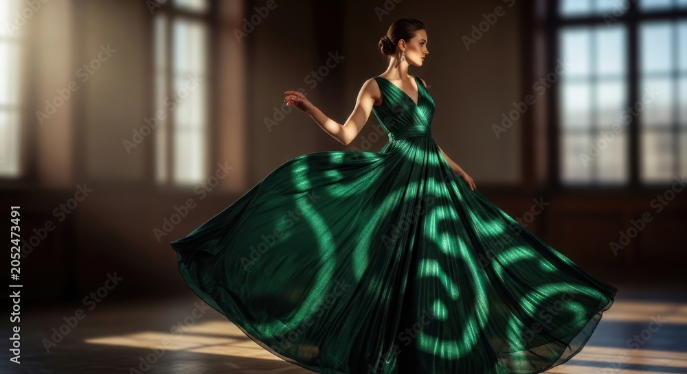 Fototapeta premium Woman Wearing Green Evening Gown Dancing.