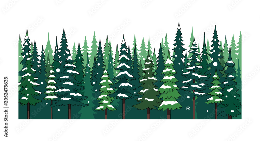 Obraz premium Winter snowy pine forest vector graphic with evergreen illustration coniferous seasonal woodland landscape outdoors background