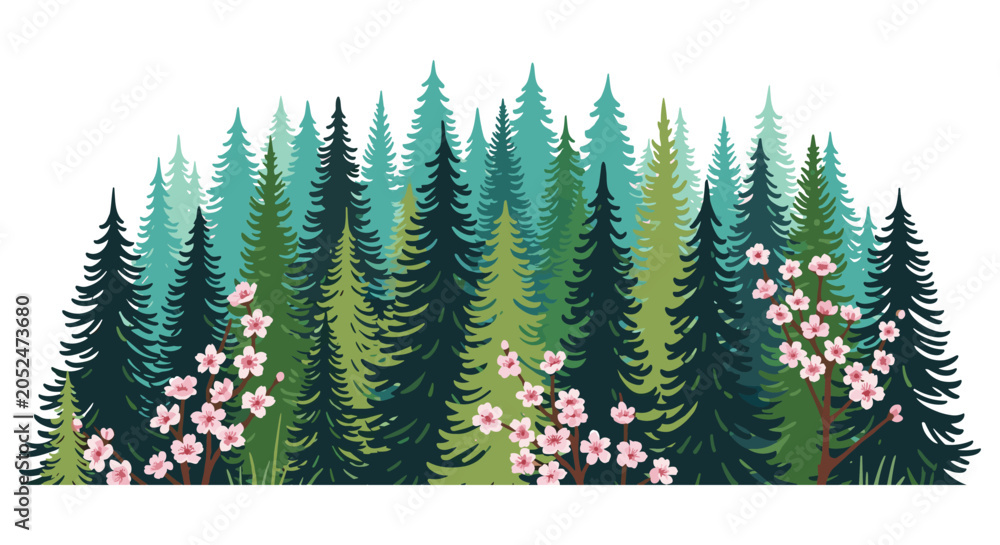 Obraz premium Spring evergreen forest landscape with cherry blossoms evergreen illustration landscape blooming woodland coniferous