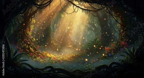 Mystical forest with glowing light beam.