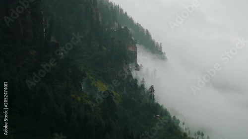 Green mountain forest landscape with clouds during monsoon season at Manali, Himachal Pradesh, India. Breathtaking nature travel background. Misty mountains during rainy day.