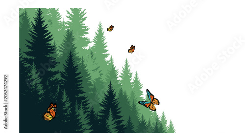 Monarch butterflies flying in front of a dense evergreen forest backdrop with butterfly wildlife evergreen woodland wilderness creature