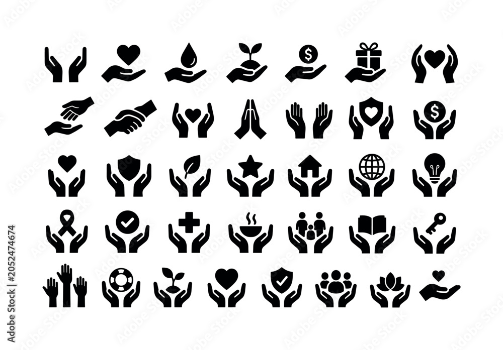 Fototapeta premium Cupped Hands Support. Solid glyph icon set of cupped hands and support: cupped hands, hand holding heart, hand holding water, hand holding seedling, hand holding coin, hand holding gift, support