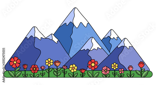 Illustration of snow capped mountains and colorful wildflowers in bloom with mountains landscape wildflowers blooming illustration