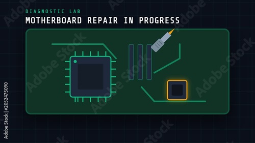 Digital Motherboard Repair Process Animation Showing System Restoration Progress.