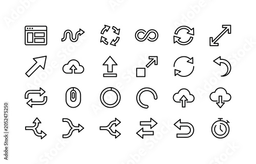 Continuous Backup Arrows. Line icon set of user interface icons: multitasking window, undulating arrow, rotating arrows, continuous loop, clockwise angled arrows, size handle, incentive arrow, backup