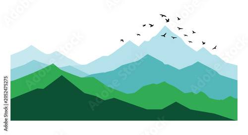 Minimalist layered mountain range illustration with flying birds mountains landscape silhouette minimalist illustration environment