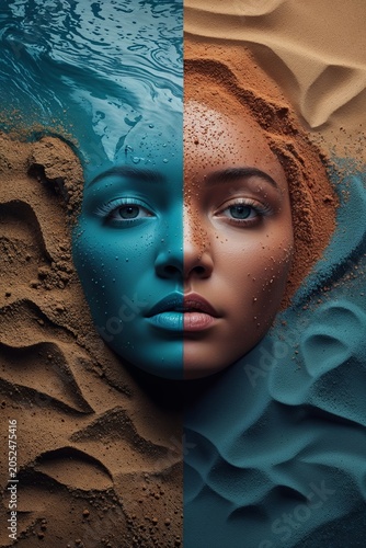 Dual Nature Portrait: Woman Merged with Water and Sand for a Conceptual Design