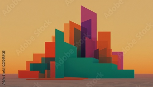 Abstract geometric shapes in vibrant orange, green, and purple hues, creating a modern art.