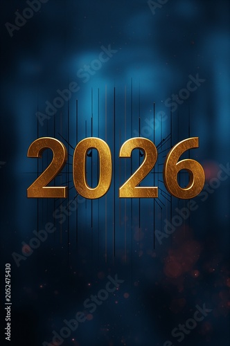 Golden 2026 with Tech Grid on a Dark Blue Backdrop for New Year's Celebration