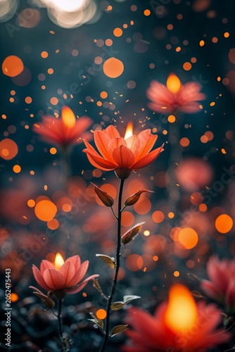 Enchanting Floral Landscape with Glowing Flowers and Sparkling Lights at Night