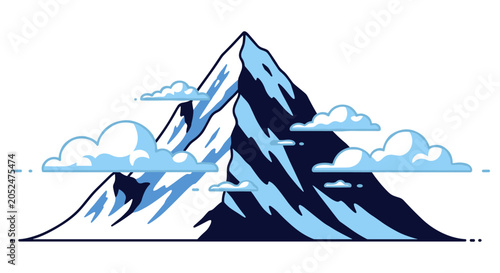 Snowy mountain peak surrounded by fluffy clouds vector illustration with mountain landscape outdoors adventure climbing alpinism