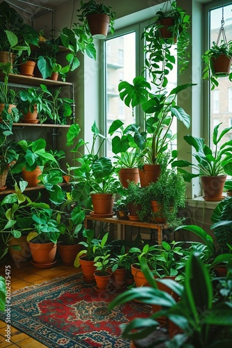 Indoor Jungle: A Lush Collection of Potted Plants Creates a Green Oasis Inside