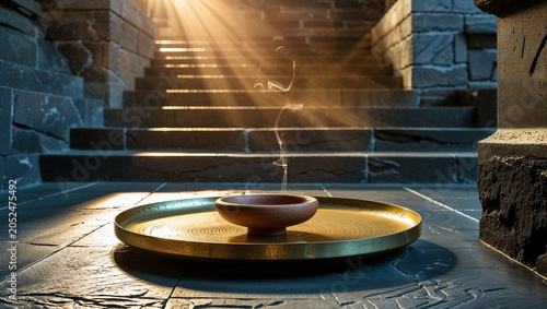 Golden tray with incense bowl on a stone platform, illuminated by sunlight and shadows