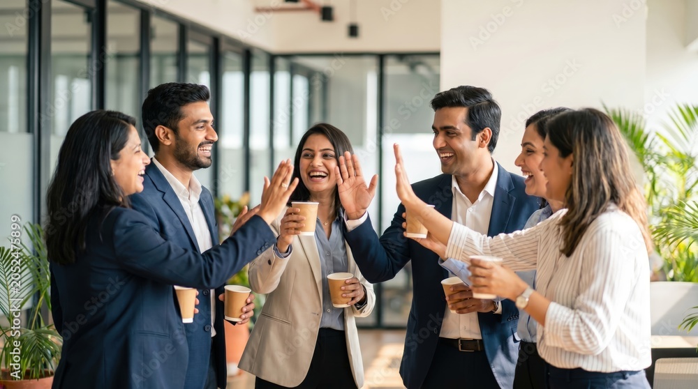 Obraz premium Corporate Milestone and Business Success Concept: Diverse International Team with Indian Professionals Celebrating Victory in Modern Mumbai Workspace