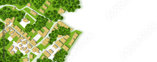 IMAGINARY CITY MAP WITH RESIDENTIAL BUILDINGS, STREETS, GARDENS, GREEN SPACES AND TREES - SUSTAINABLE GREEN CITY CONCEPT FEATURING PUBLIC PARKS, URBAN PLANNING, ECOLOGICAL DESIGN AND COPY SPACE