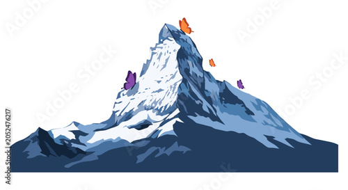 Snow covered mountain peak with floating butterflies mountain butterflies landscape illustration wilderness altitude colorful