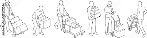 Bild auf Leinwand Set of delivery people with boxes and equipment, courier service workers carryin