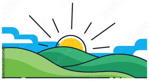 Sunrise over green hills with blue sky and stylized sun vector illustration landscape illustration sunlight background minimalist