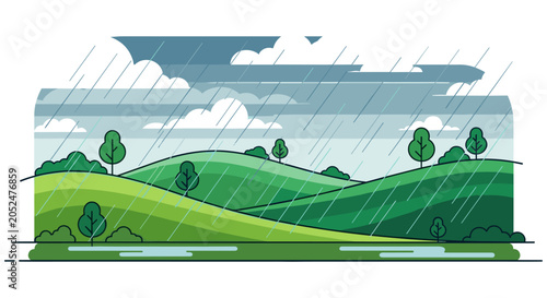 Rainy day landscape with rolling hills and trees vector illustration landscape illustration background environment atmosphere