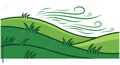 Windy day with rolling green grass hills and air currents landscape currents background illustration environmental movement