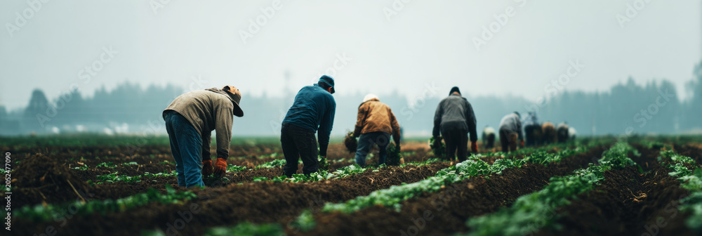 Obraz premium Several seasonal agricultural workers are harvesting vegetables side by side. They move in rhythm, focused on picking crops in a large garden under the open sky