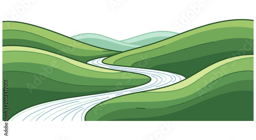 Winding river flowing through green rolling hills landscape with landscape background illustration environment peaceful panorama